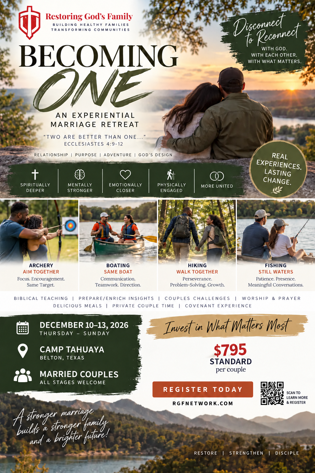 Becoming ONE experiential marriage retreat flyer for December 10 through 13, 2026 at Camp Tahuaya in Belton, Texas