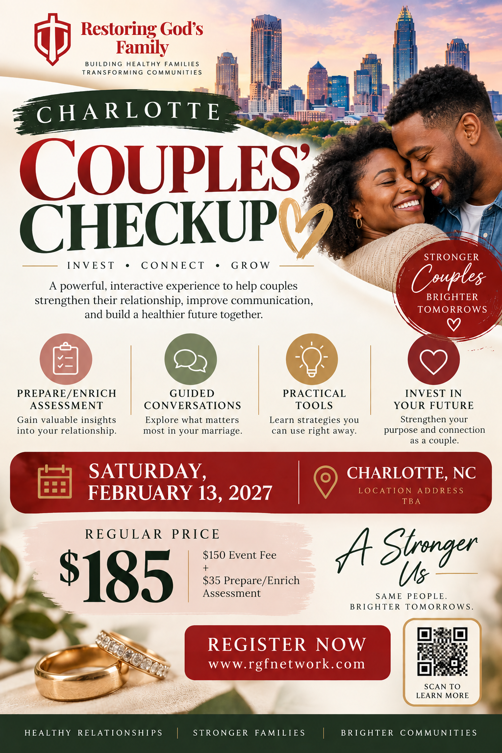 Charlotte Couples’ Checkup flyer: Saturday February 13, 2027, Charlotte NC, address to be announced; $185 per couple including $150 event fee and $35 Prepare/Enrich assessment