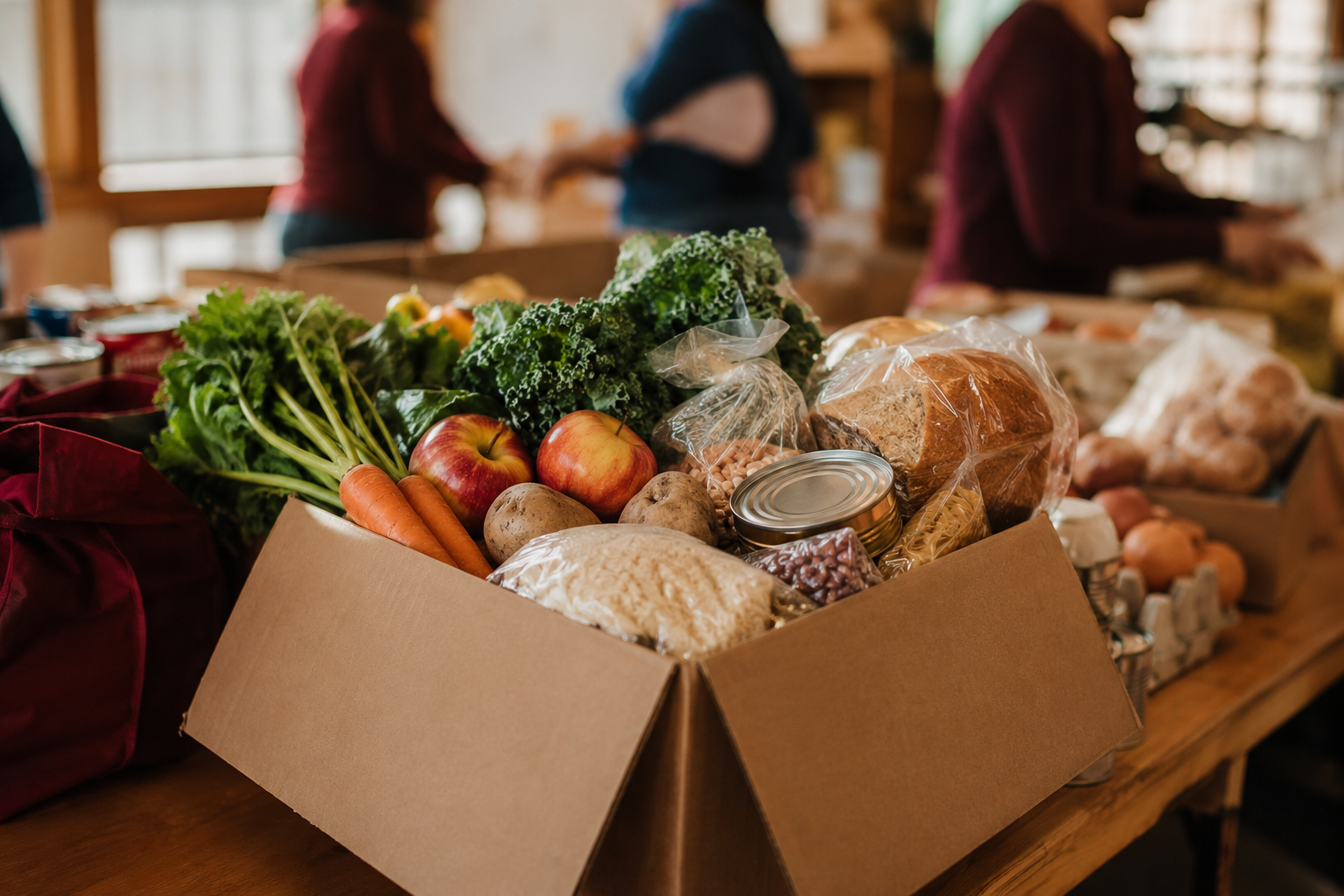 A donation box filled with fresh produce and nutritious pantry staples at a community food pantry